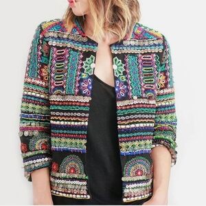 Zara Embroidered And Beaded Black and Green Statement Jacket/Blazer